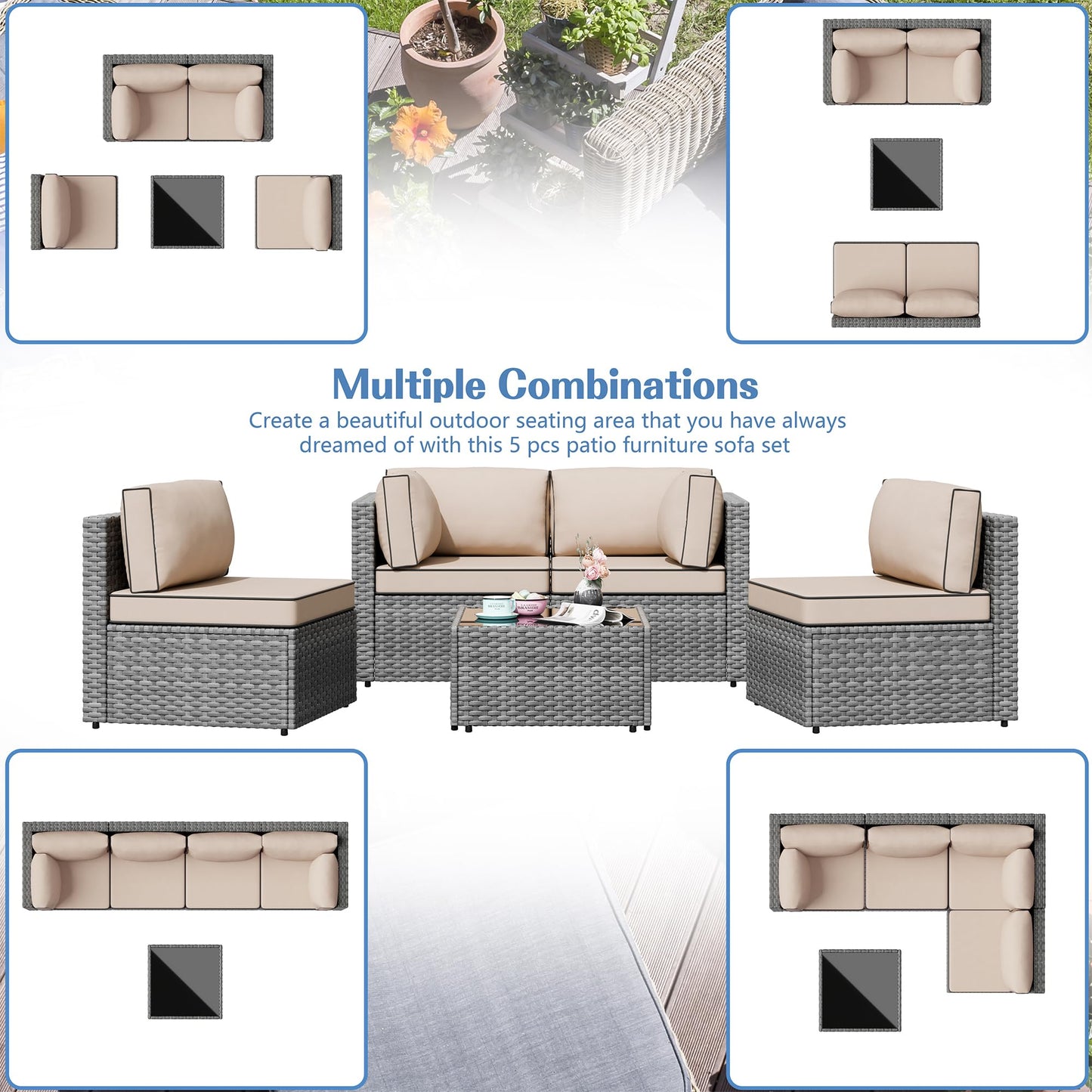 Shintenchi 5 Pieces Outdoor Patio Furniture Sets, Patio Sectional Sofa Couch, Gray PE Wicker Furniture Modular Patio Conversation Sets Patio Sofa with Washable Cushions & Table（Khaki）