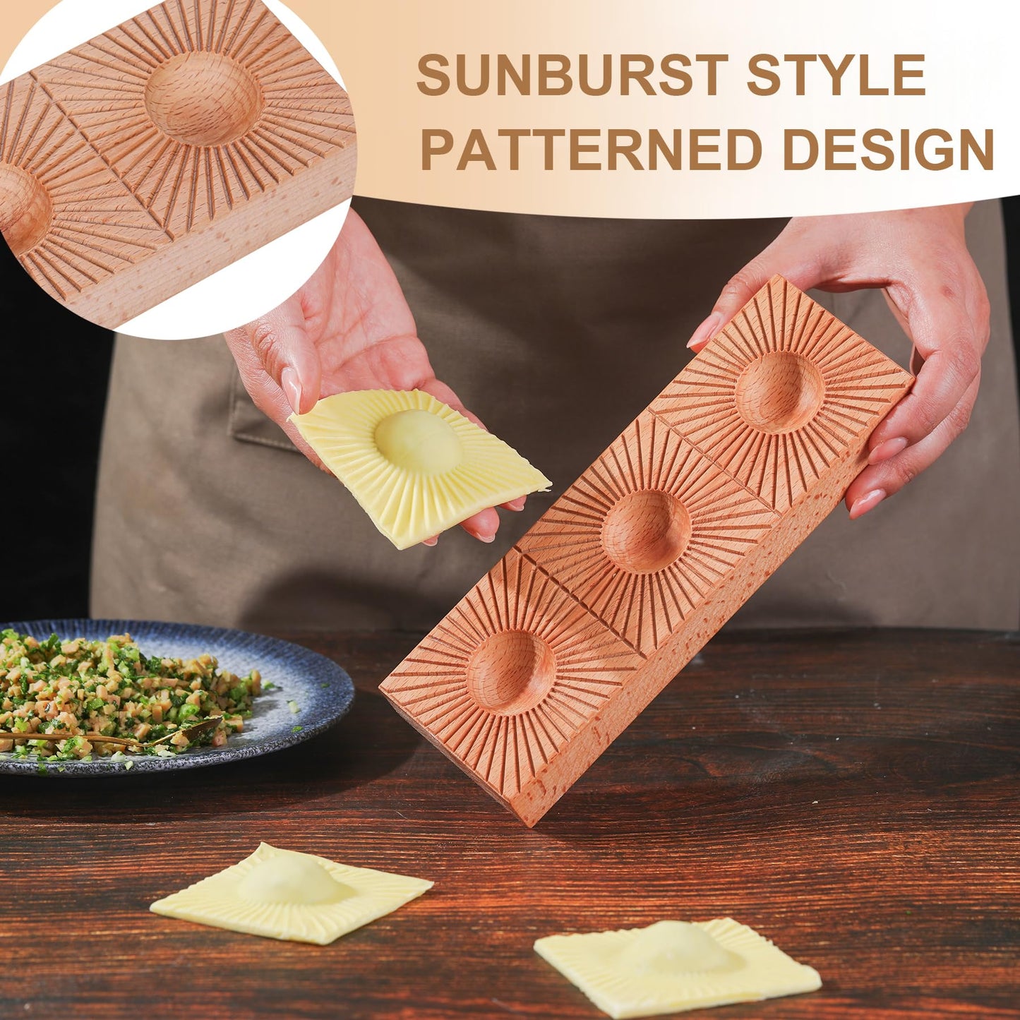 Triple Ravioli Molds Wooden Pasta Ravioli Board Double Sided Sunburst & Wheat Pattern Ravioletti Moulds Wood Pasta Raviolini Maker Molds Handmade 2 in 1 Ravioli Mold Press Maker Kitchen Fresh Pasta