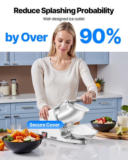 VEVOR Ice Crusher Machine, 286lbs Per Hour Electric 4 Blades Snow Cone Maker, Stainless Steel Shaved Ice Machine with Bowl and Cover, 300W 2000RPM Ice-Shaver for Home and Commercial Use, Silver