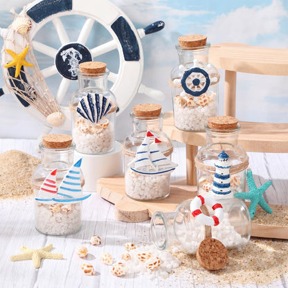 Gandeer 6 Pack Beach Glass Bottles with Cork Honeymoon Sand Jar White Sand Rocks Natural Sea Shells for Coastal Beach Room Decor Home Tabletop Summer Decorations Bridal Shower Gifts