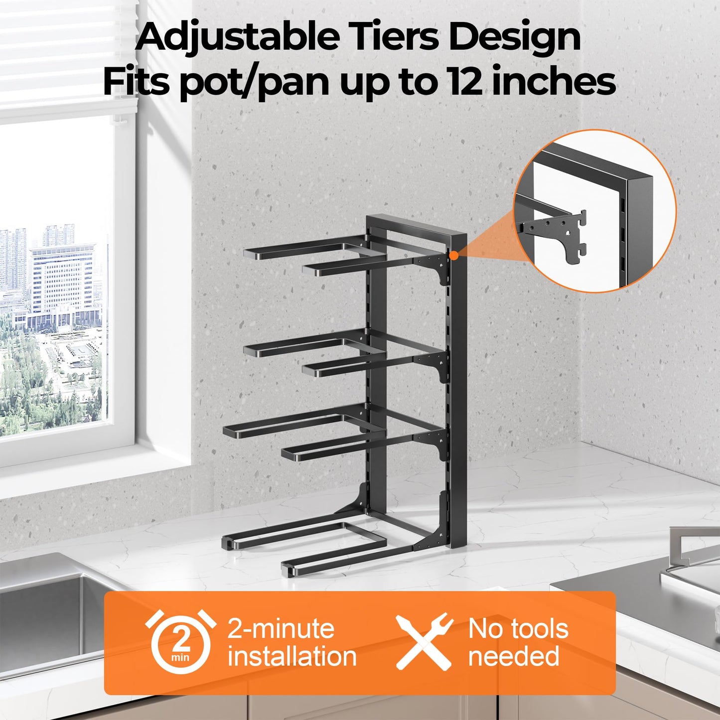 MUDEELA Pots and Pans Organizer under Cabinet 15.75" Tall, 4-Tier Heavy Duty Pan Organizers inside Cabinet Kitchen Storage, Adjustable Pot Rack Holds up to 44 LB Cast Iron Skillets Shallow Cookware