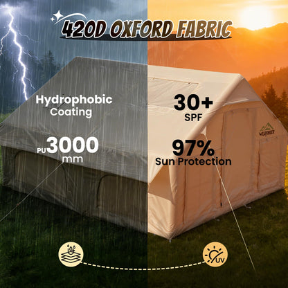 Inflatable Tent with Skylight, Quick Setup Blow Up Tents with Pump, Waterproof Oxford Inflatable House for Camping, Hot Tent with Stove Jack, Air Glamping Tents for Camping Adult 10-12 Person