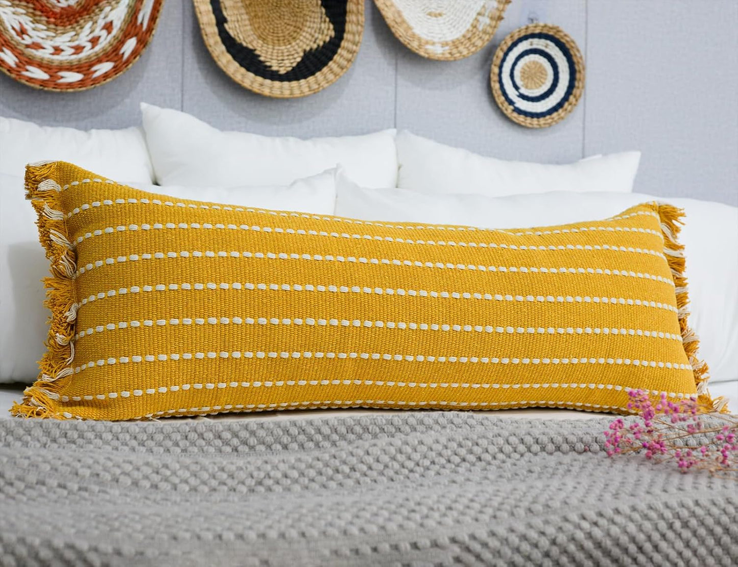 14 36,Clasic Decorative Farmhouse Extra Long Lumbar Throw Pillow Cover x Striped Textured Cotton Boho Long Body Pillow