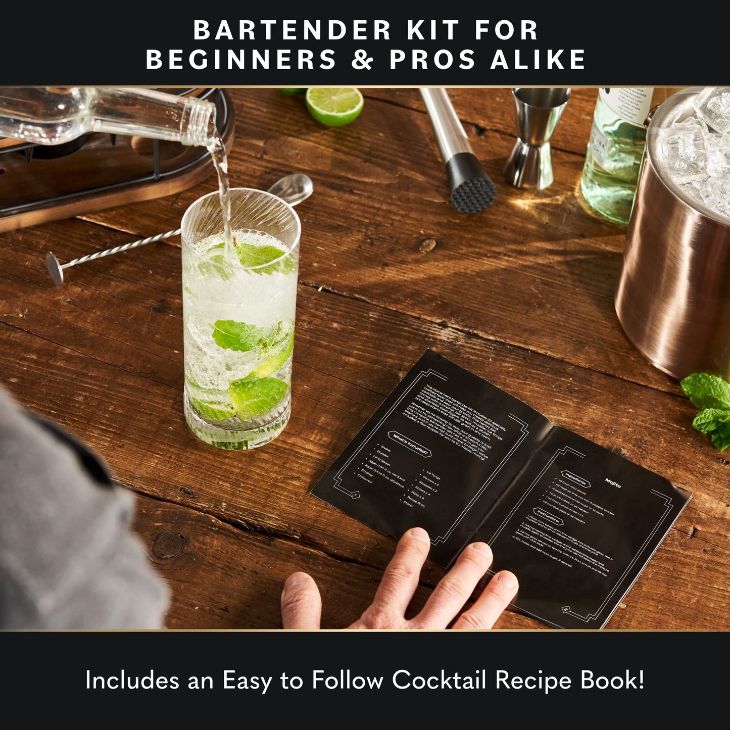 Home Hero Bartender Kit - 22-Piece Cocktail Shaker & Bar Tool Set - Wooden Stand Display & Bar Cart Accessories - Recipe Book & Housewarming Gifts - 22-Pc, Silver