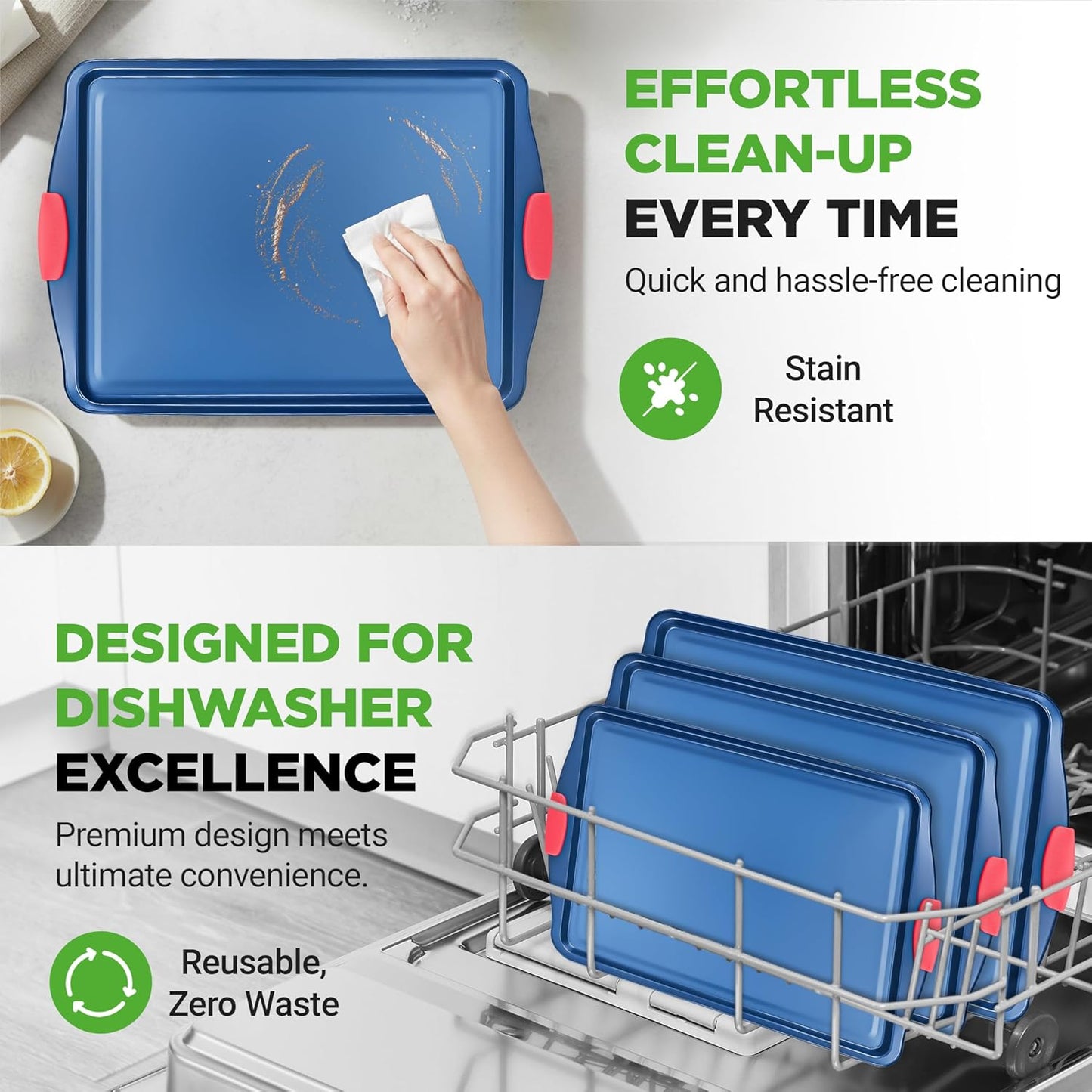 NutriChef Nonstick Cookie Sheets Set - Premium Carbon Steel Baking Trays with Silicone Handles | Large, Medium, Small - Blue