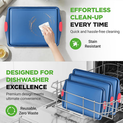 NutriChef Nonstick Cookie Sheets Set - Premium Carbon Steel Baking Trays with Silicone Handles | Large, Medium, Small - Blue