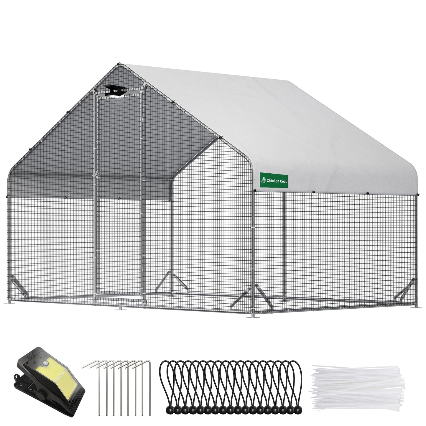 Large Walk-in Metal Chicken Coop with Chicken Run & Hardware Cloth, Solar Light, Waterproof & UV-Resistant Cover, Outdoor Poultry Cage for Farm Use