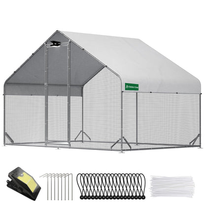 Large Walk-in Metal Chicken Coop with Chicken Run & Hardware Cloth, Solar Light, Waterproof & UV-Resistant Cover, Outdoor Poultry Cage for Farm Use