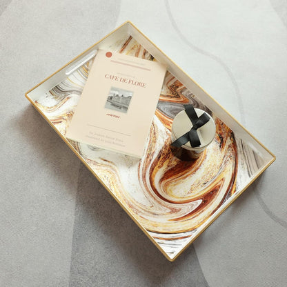 15.7"* 10.2"* 1.38" White Marbling Decorative Tray with Handles, Morden Plastic Rectangular Serving Tray for Coffee