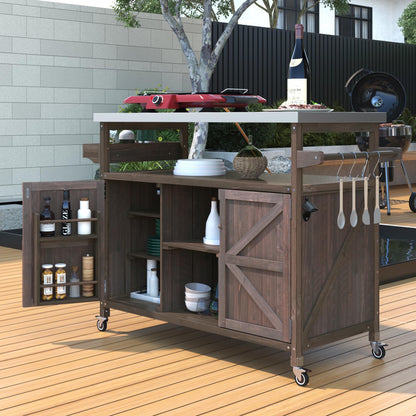 YOPTO Outdoor Kitchen Island Cart with Internal Storage Racks,Solid Wood Outdoor Grill Table W/Stainless Steel Top,4 Secure Locking Wheels,4 Hangers and Bottle Opener for Kitchen & BBQ,Dark Brown