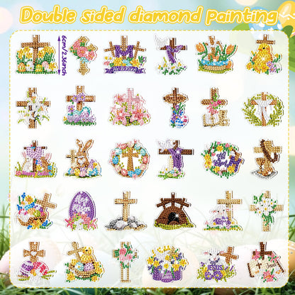 WILLBOND 30 Pcs Easter Diamond Art Keychain Kits He is Risen 5d DIY Double Sided Diamond Painting Keychain Religious Christian Cross Hanging Ornaments for Adults Beginners Key Ring Pendant Crafts
