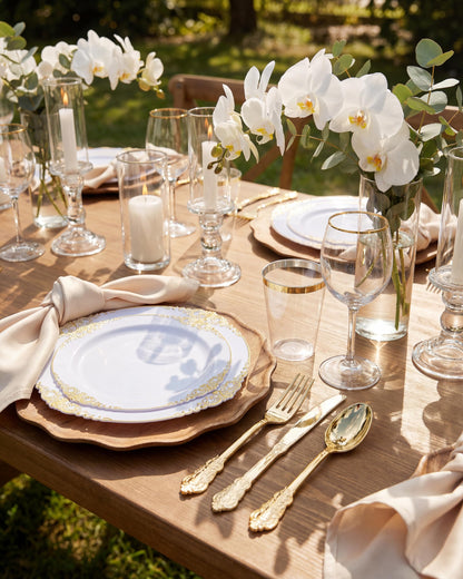 Nervure 350PCS Gold Plastic Plates - Gold Plastic Dinnerware Sets for 50 Guests - 100 Disposable Plates, 150 Silverware, 50 Cups, 50 Napkins for Wedding & Party & Mother's Day
