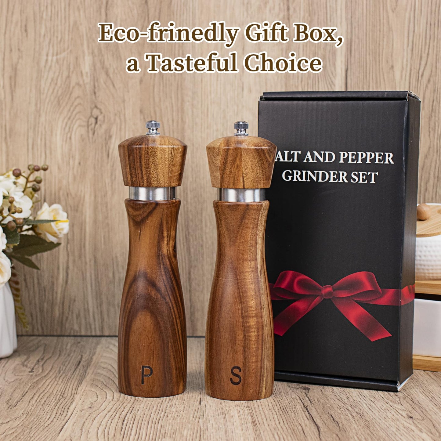 2 Pack Acacia Wood Salt and Pepper Grinder Set, Wooden Salt and Pepper Mill Set Salt and Pepper Shaker Tableware Birthday Gifts Ceramic Core-8 Inch