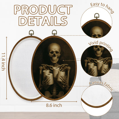 WULQYING Funny Gothic Skeleton Bathroom Wall Art Decor, Dark Academia Skeleton Oval Framed Canvas Art Prints, Halloween Wall Hanging Decor for Home Bathroom Washroom Restroom Toilet, 8.6x11.4 Inches