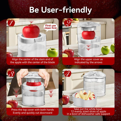 NEW Professional Apple Slicer and Corer 6.42in- Stainless Steel Apple Cutter with 12 Slices, Heavy Duty Design for Large Apples, Thin Slices, Compatible with Pears and Other Fruits（White）