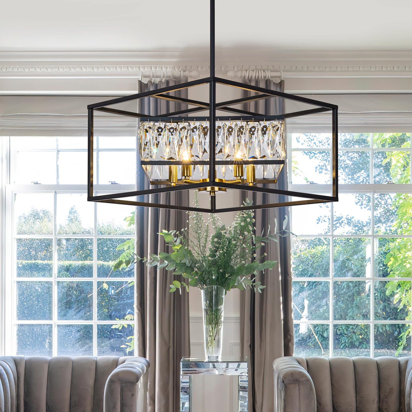 Vezzio Crystal Chandelier for Foyer Entryway，5-Light Black Modern Farmhouse Pendant Chandelier, Contemporary Hanging Light Fixture for Dining Room Living Room Bedroom Kitchen Island
