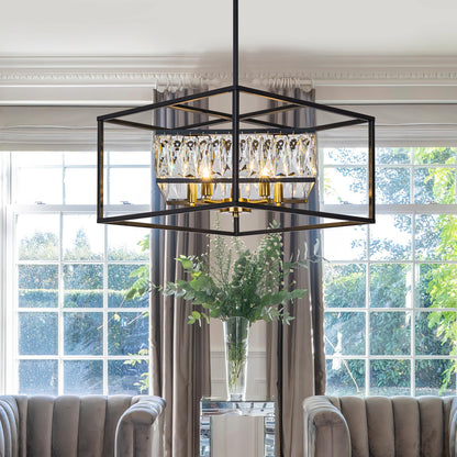 Vezzio Crystal Chandelier for Foyer Entryway，5-Light Black Modern Farmhouse Pendant Chandelier, Contemporary Hanging Light Fixture for Dining Room Living Room Bedroom Kitchen Island