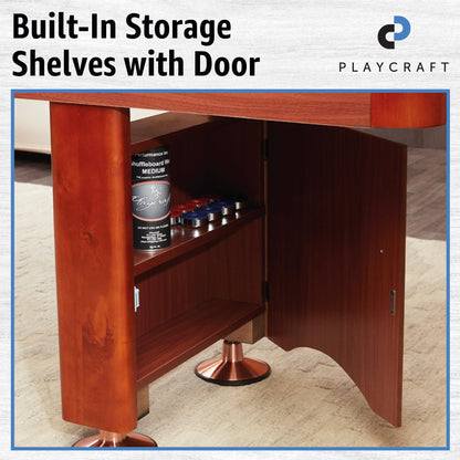 Playcraft Woodbridge Shuffleboard Table with Storage Cabinet - Shuffle Board Game Table Set with Matching Abacus, 8 Pucks, Brush & Wax (Made in USA) - Pro Style Climate Adjusters - Cherry - 14ft