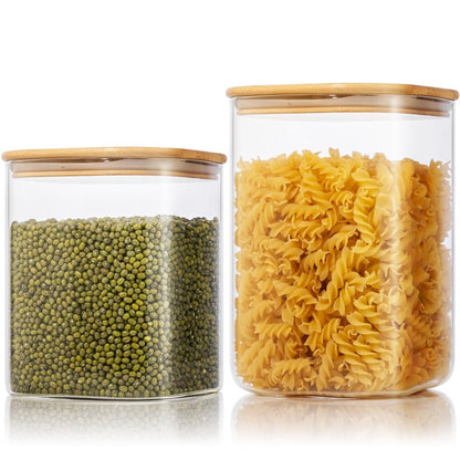 Extra Large Square Glass Flour & Sugar Storage Containers with Airtight Lids, 132oz & 63oz - 2 Pack Glass Jars with Bamboo Lids, Air tight Pantry Food Storage Containers for Cereal, Pasta, Rice