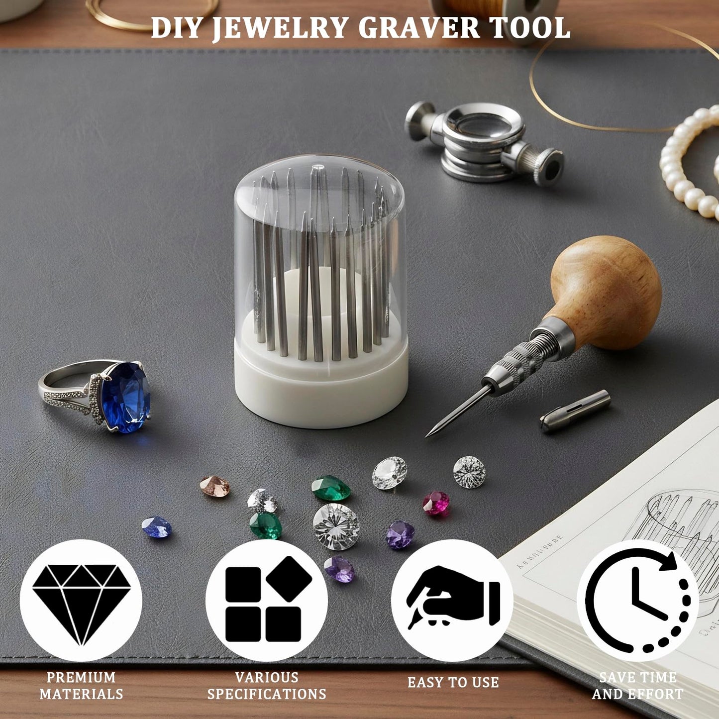 Setting Tools, 24pcs Beading Tools Beader Set for Stone Setting Graver Jewelry Equipments Tool Stone Bead Grain Tool Bead Grain Graver Jewelry Equipments