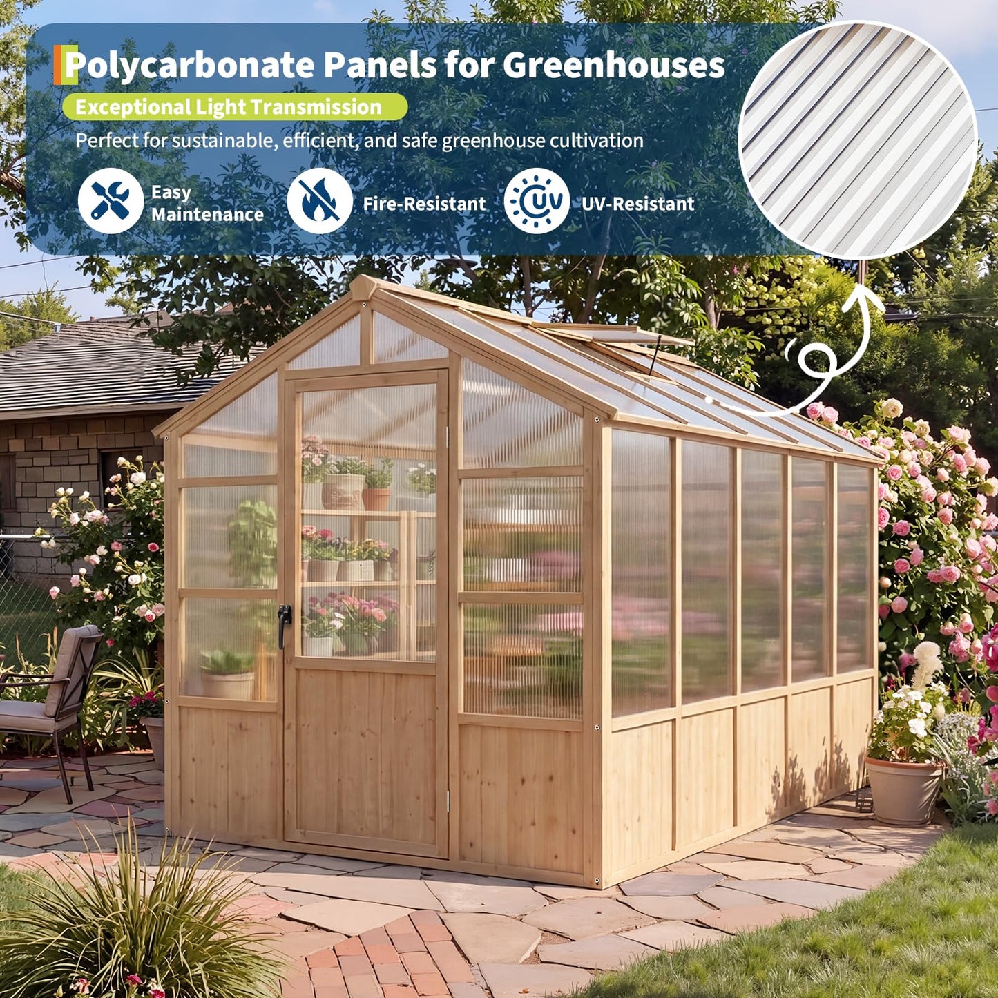 GarveeLife 6'x10' Wooden Greenhouse for Outdoor, Large Walk-in Greenhouse Kit with Ventilated Window, Door & Polycarbonate Panels, Heavy Duty Wood Frame Green House for Patio Garden Backyard