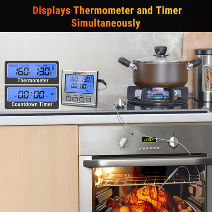 TempPro TP17 Dual Probe Digital Cooking Meat Thermometer Large LCD Backlight Food Grill Thermometer with Timer Mode for Smoker Kitchen Oven BBQ, Silver (Previously ThermoPro)