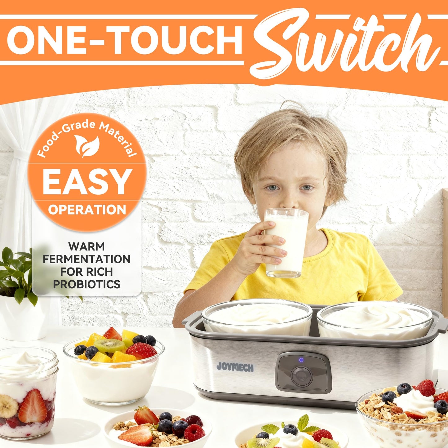 JoyMech Yogurt Maker Machine with Two 1-Quart Containers for Larger Batches, Oatmeal, Pudding, or Jello, Food-Grade Martial, One-touch Control, Homemade Yogurt