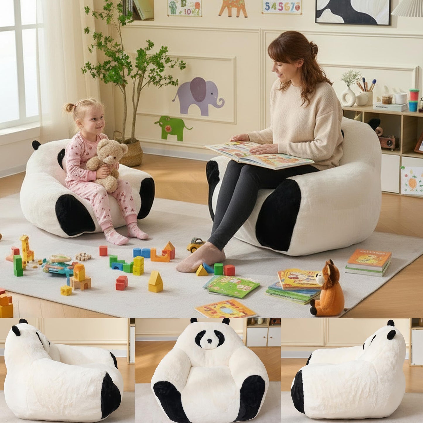 Giant Bean Bag Chair for Adults Kids, 2 PCS Large Bean Chairs with Filler, Panda Design Floor Chairs, Plush Lazy Sofa with Faux Rabbit Fur Cover, Faux Fur Cover, Adult Bean Bag Couches for Bedroom
