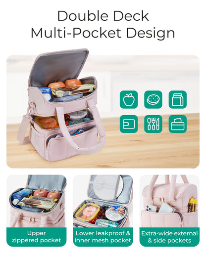 BAGSMART Lunch Bag Women, Double Deck Insulated Lunch Box, Quilted Puffer Lunch Tote, Leakproof, Durable & Reusable Large Lunch Cooler For Work Picnic Travel Meal Prep, Camel