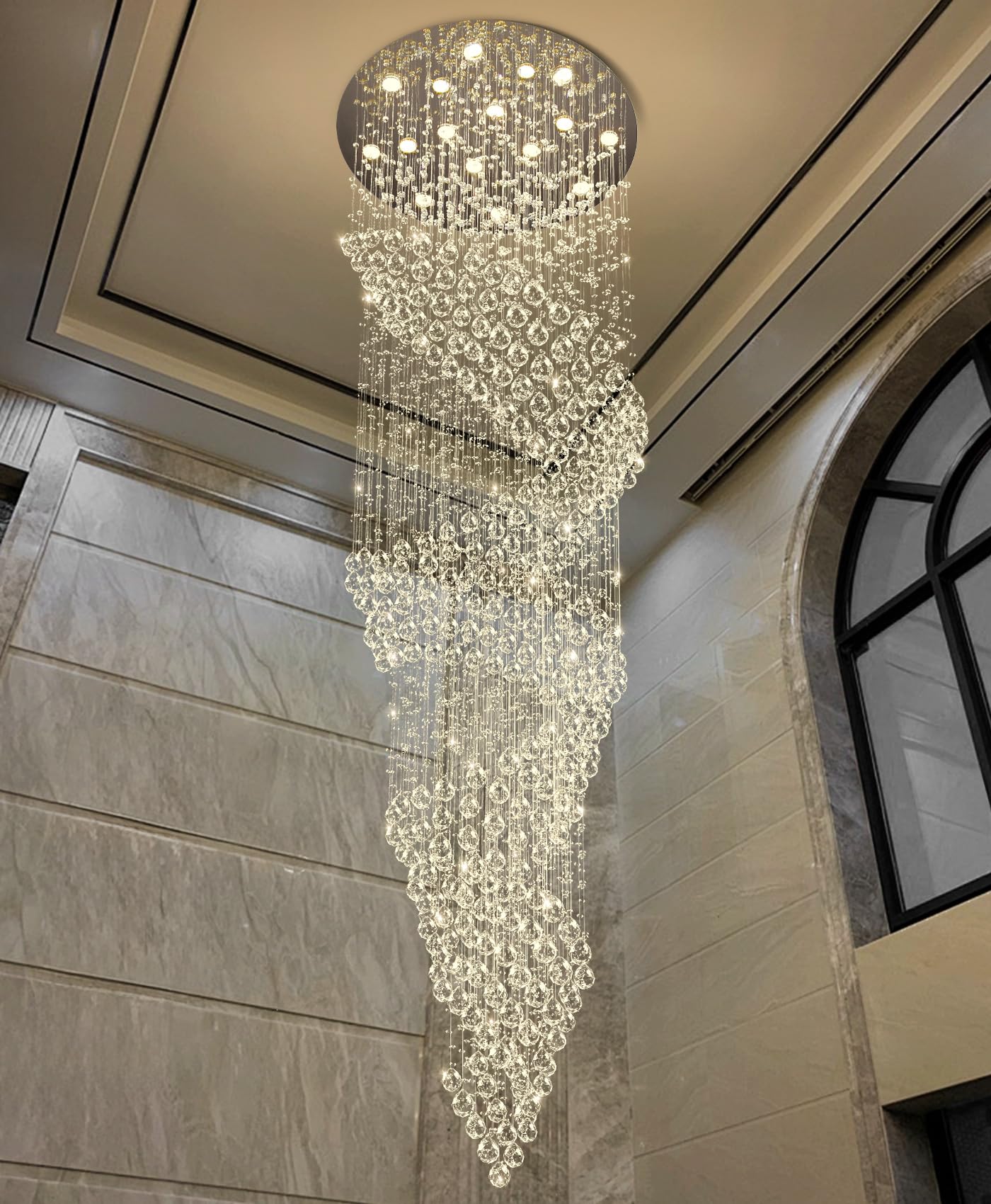 cenozo D40'' x H120'' Crystal Chandelier for Staircaes Glam Chandelier Large Raindrop Chandeliers LED Dimmable High Ceiling Light Fixtures for Hallway Foyer Silver