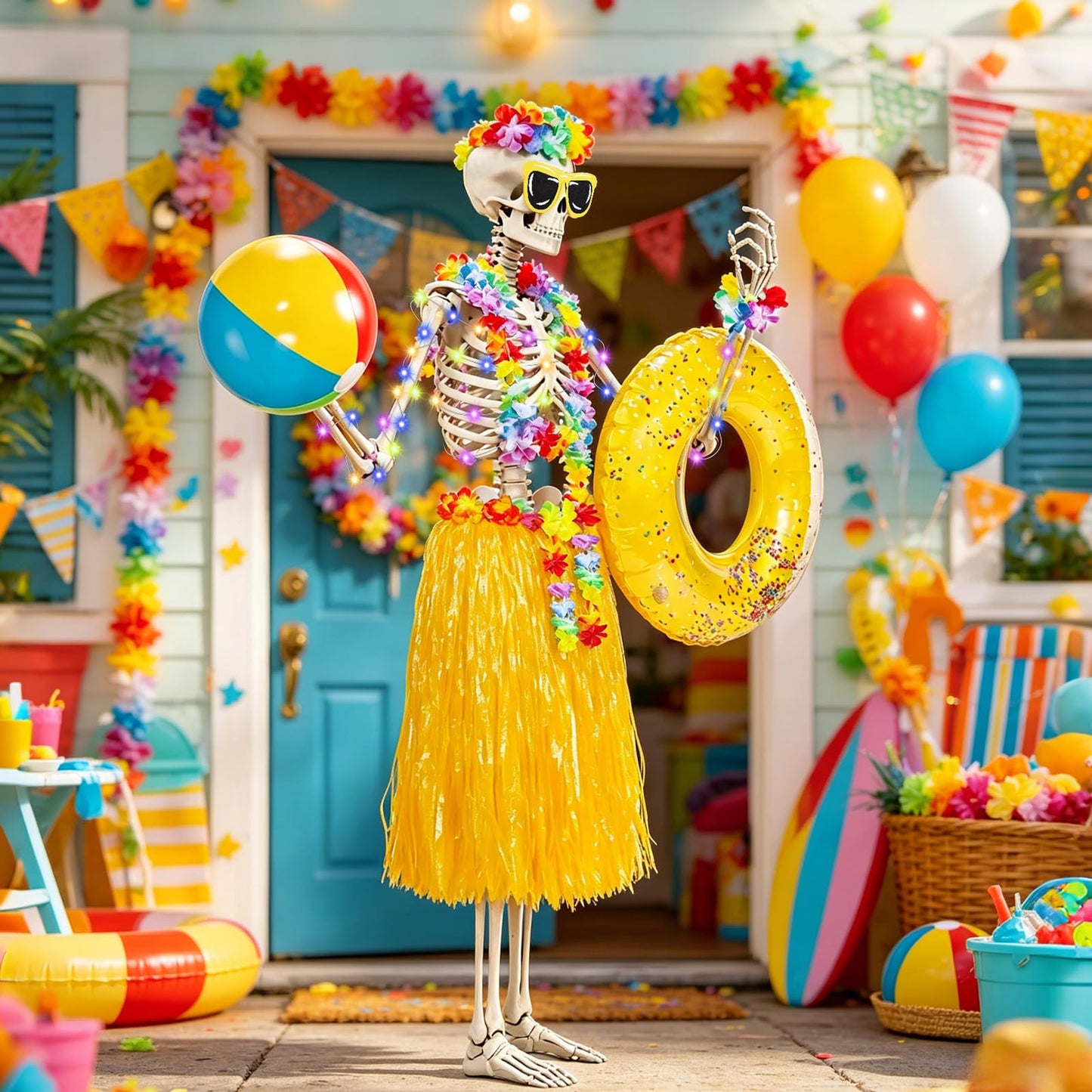 12 ft Summer Skeleton Outfits Accessories, 10 Pcs Hawaiian Hula Giant Skull Grass Skirt Costume Clothing Kit with Sunglasses Swim Rings & Beach Balls for Outdoor Yard Lawn Summerween Luau Decorations
