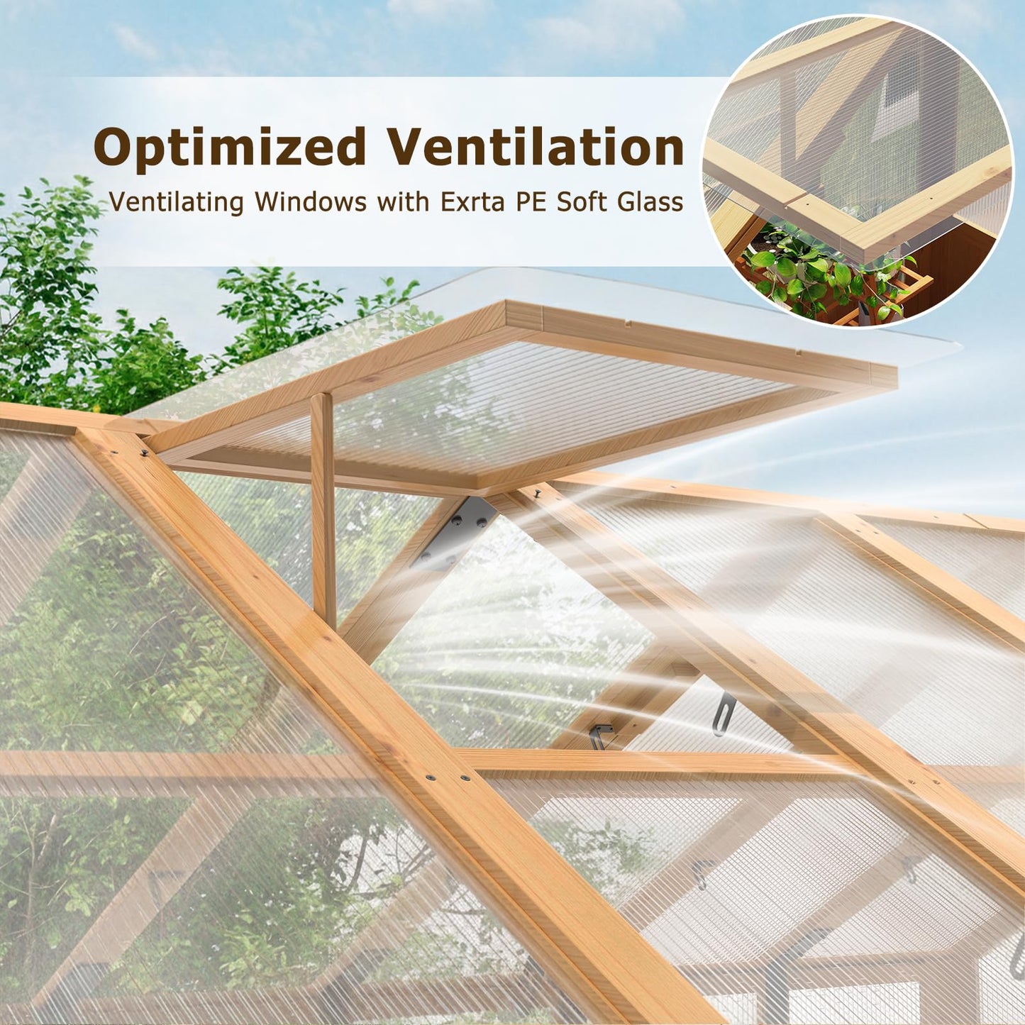 EROMMY 8x12 FT Wooden Greenhouse for Outdoors, Large Walk-in Greenhouse Kit with 4mm Polycarbonate Panels, Adjustable Roof Vent, Lockable Door, Outdoor Greenhouse for Backyard Garden