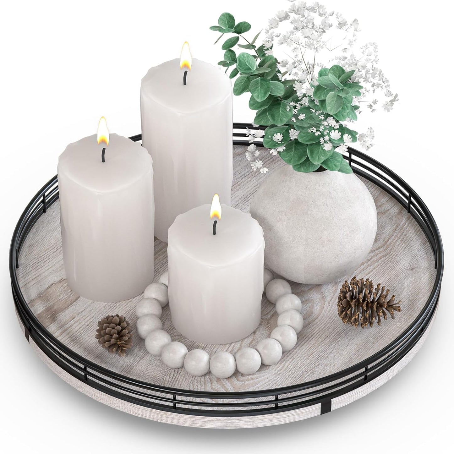 12" Farmhouse Lazy Susan for Kitchen & Coffee Table Decor Rustic Whitewashed Wood Tray with Black Metal Frame