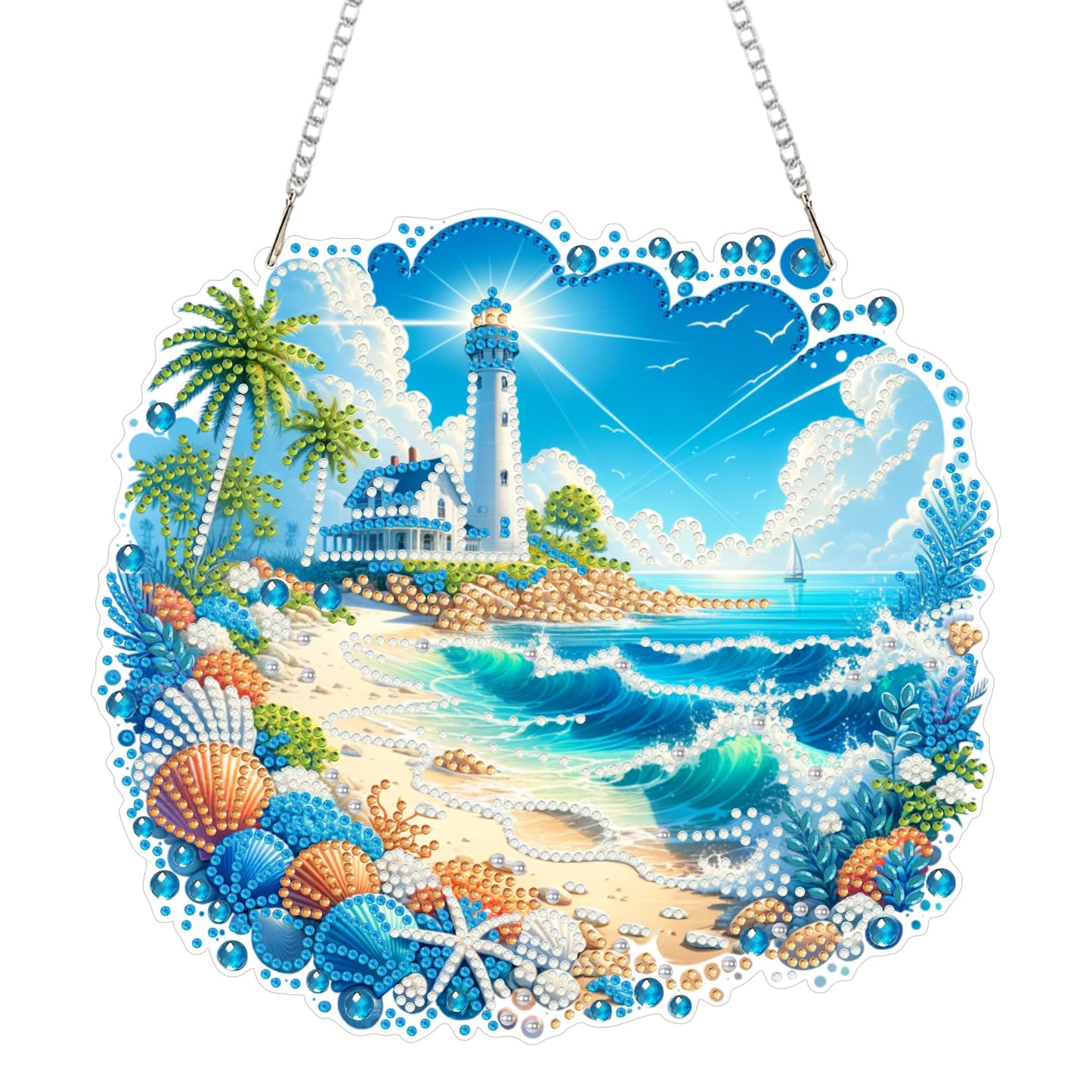 Eiflow Acrylic Diamond Art Hanging Kit for Adults, DIY Diamonds Painting Door Hanger Board Kit, Special Crystal Diamond Art Painting Pendant Ornament (Beach)