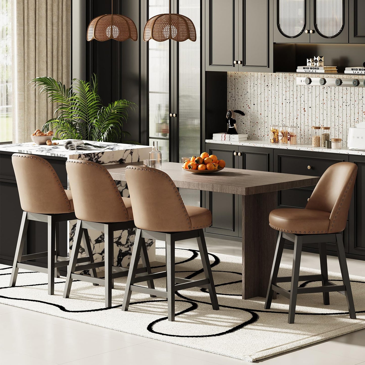 MALOL Swivel Counter Height Bar Stools Set of 4, Tall Faux Leather Barstools, Modern Bar Chairs with Solid Back and Wood Legs for Kitchen Island，Brown