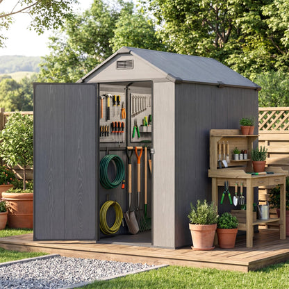 Devoko 4x6 FT Resin Outdoor Storage Shed with Floor, Outdoor Plastic Shed with Lockable Door, Sloped Roof & Vent, Versatile Tool Shed for Patio Lawn Backyard, Deep Grey