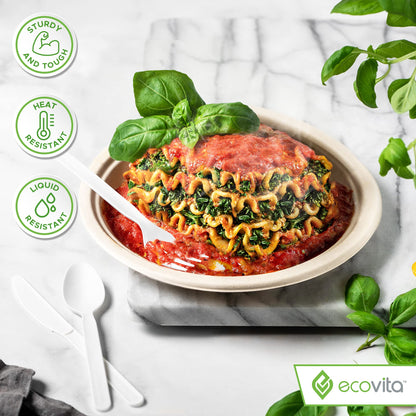 Ecovita 100% Compostable Knives - 500 Large Disposable Utensils (7 in.) Bulk Size Eco Friendly Durable and Heat Resistant Alternative to Plastic Knives with Convenient Tray