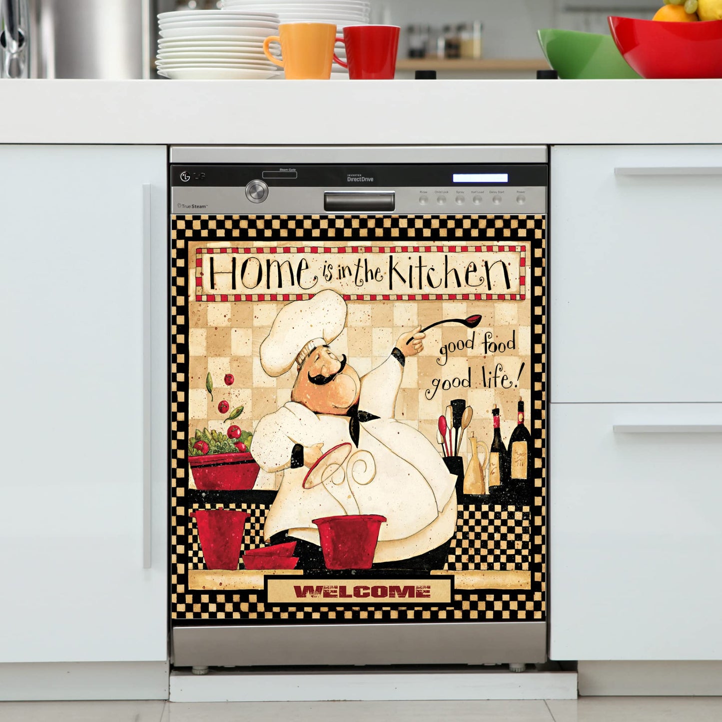 Yosa Chef Magnet Sticker, 23x26inch Plaid Dishwasher Sheet Decal, Classic Kitchen Refrigerator Door Decorative, Good Food Good Life Dishwasher Cover Panel Decals