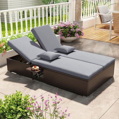 Tangkula Outdoor Rattan Daybed with 6-Level Adjustable Backrests, 2-Person Adjustable Wicker Recliner Bed with Cushions & Folding Side Trays, Double Sunbed Lounger for Balcony, Backyard & Poolside