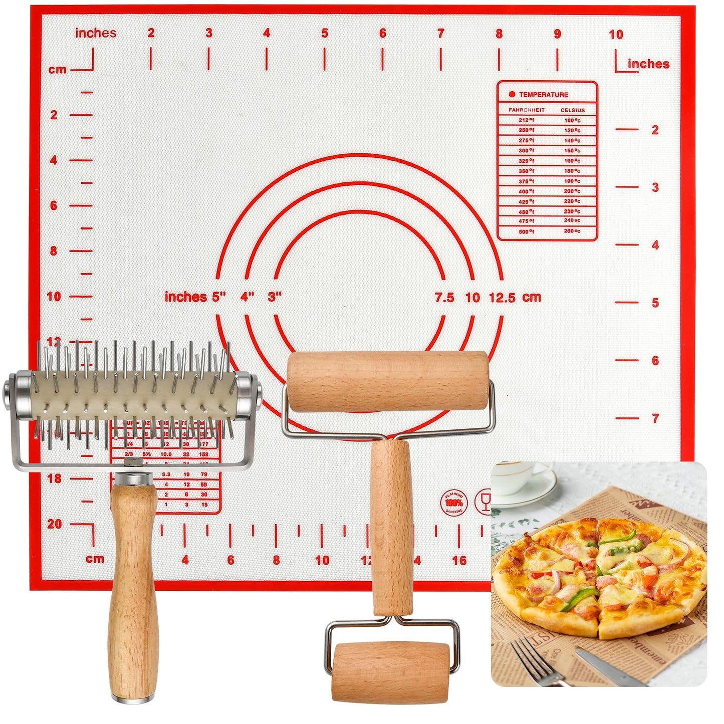Elesunory 3pcs Pizza Tool Set, Include Pizza Docker, Pizza Dough Roller and Silicone Baking Mat, Dough Docker, Non Slip Baking Mat, Wooden Rolling Pin for Pizza, Cookie, Pie, Pastry, Bread