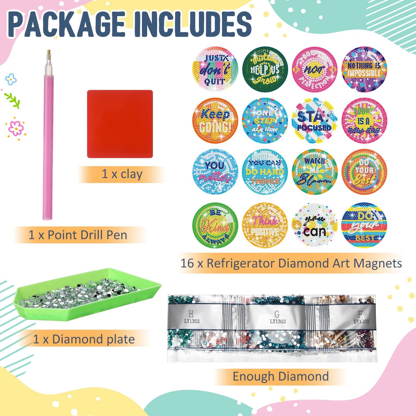Relaxweex 16 Pcs Diamond Inspirational Refrigerator Magnets Gifts Diamond Motivational Painting Refrigerator Magnets DIY Positive Affirmation Emblems Gifts for Adults Locker Whiteboard Home Crafts