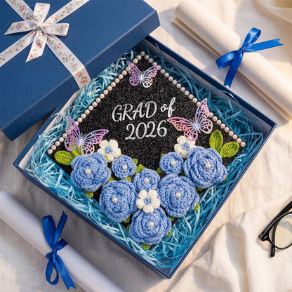 Gersoniel 30 Pcs Crochet Flower Graduation Cap Decoration Kit, Artificial Crochet Rose with Glitter Construction Paper Faux Daisy Pearl Letter Sticker for Grad Hat Topper Cover Craft Gift(Blue)