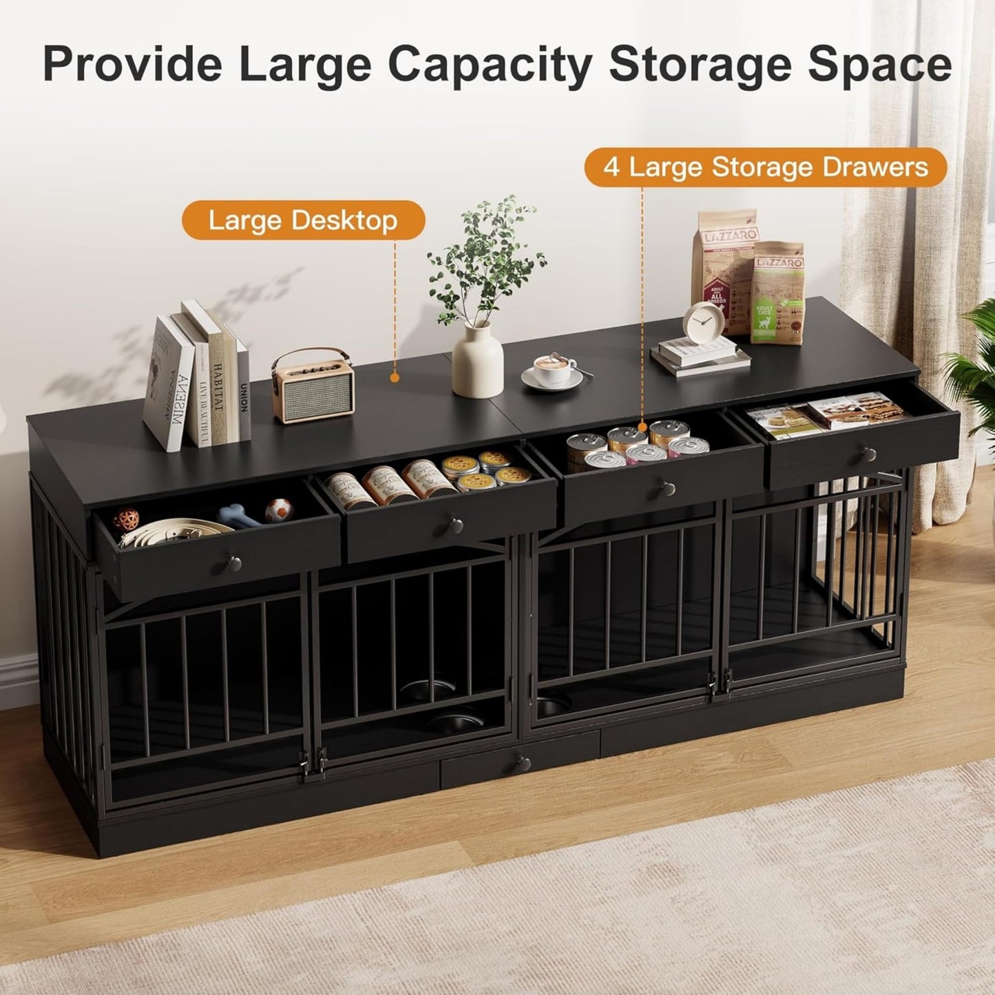 GAOMON Dog Crate Furniture for 2 Dogs, 78.7'' Large Dog Kennel Indoor with 4 Storage Drawers and Feeding Bowls, Double Dog Crate TV Stand for Small and Medium Dogs, Black