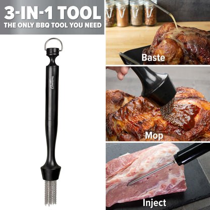 Camerons 3-in-1 Barbecue Injector Basting Mop - Baster Set Includes BBQ Chain Basting Brush & Meat Syringe to Baste, Marinate & Inject Food w Flavor - Indoor Outdoor Use - Grilling Cookout Essential