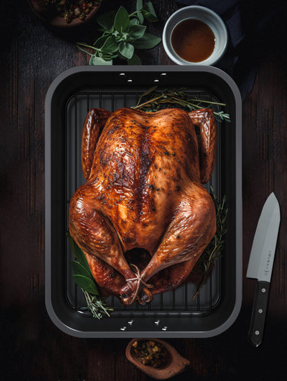 CHEFMADE Roasting Pan, 15-Inch Non-Stick Metal Turkey Pan with Rack, Banking Pan for Lasagna Vegetable and Meat, Chicken Roasting Pan 15.35" x 11.14" x 2.24"