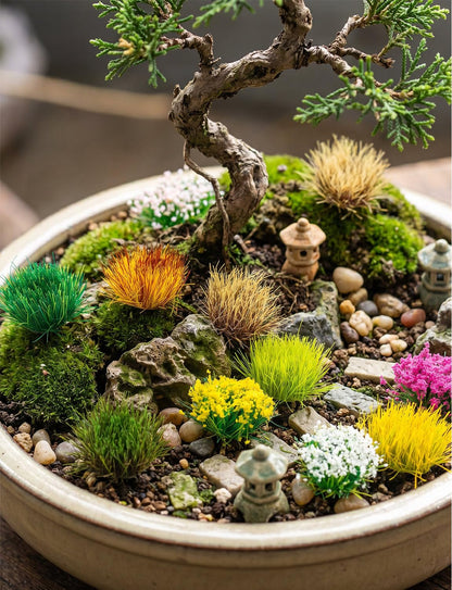 HFKPJRT 140 Pcs Static Grass Tufts & Miniature Flowers Cluster for Crafts, Diorama Supplies & Terrain Model Kit, Artificial Model Grass for Fairy Garden Accessories, Train Railroad Scenery