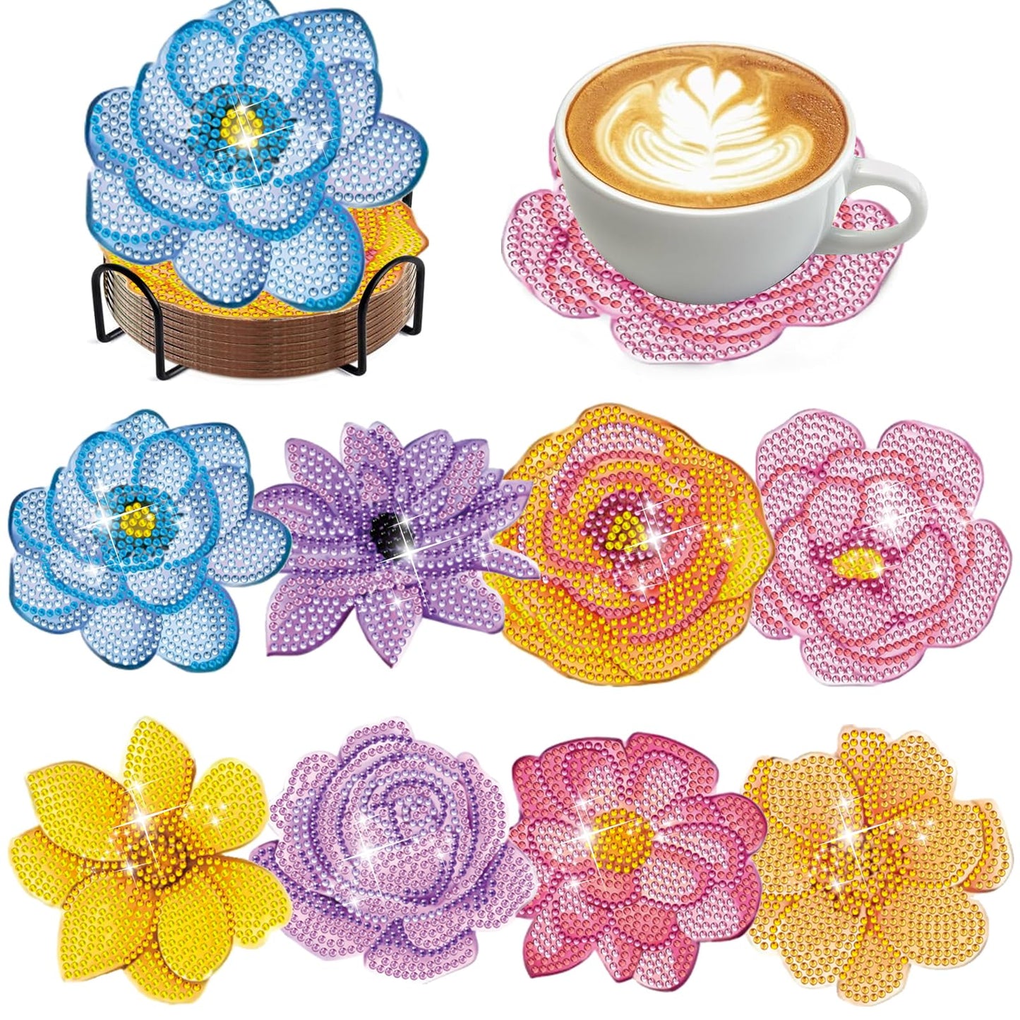DOTZSO 8 Pcs Diamond Art Coasters Kit with Holder, Diamond Art Kits for Adults Beginners Small Diamond Painting Coasters, Arts and Crafts for Adults Supplies Item Sets (Flower)