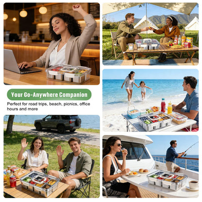 Snackle Box Container, 304 Stainless Steel Divided Serving Tray with Lid and Handle, Portable 4 Compartments Veggie Tray for Fruits,Veggies,Nuts &Candy, Dishwasher Safe for Travel,Picnic,Beach&Parties