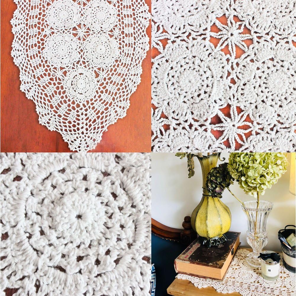 14x36 inch KEPSWET Cotton Handmade Crochet Lace Oval Table Runner Dresser Console Coffee Table TV Stand Decor White