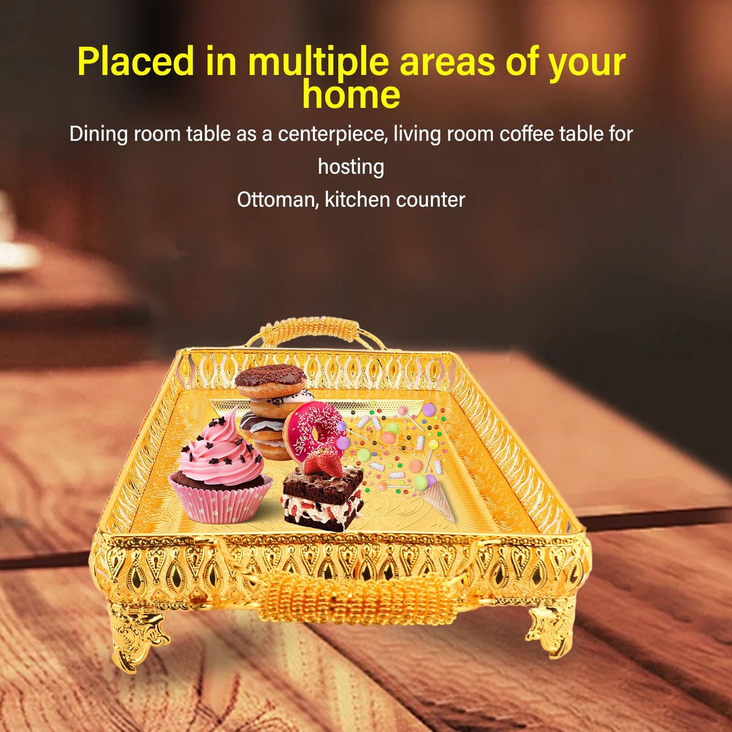 Decorative Serving Tray, Gold European Style Metal Serving Tray with Handles, Coffee Tea Beverage Serving Rectangle Tray, Cake Platter Serving Trays Food Platter Jewelry Tray